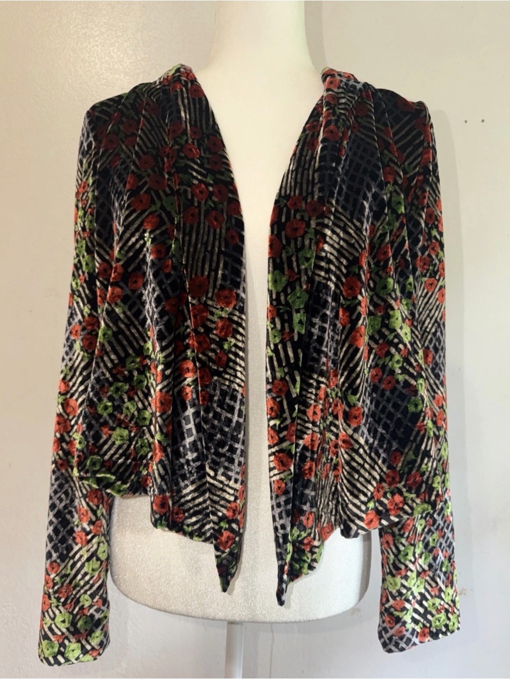 Anthropologie ett:twa Velvet Floral Wrap Jacket Lined Geometric Lattice Sz 4